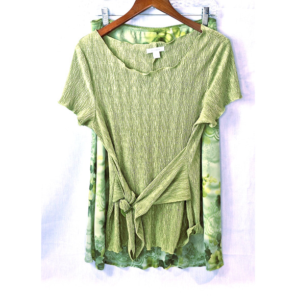 Women’s Green Tie Front Top & Floral Midi Skirt Set L Boho Cottagecore - Picture 14 of 15